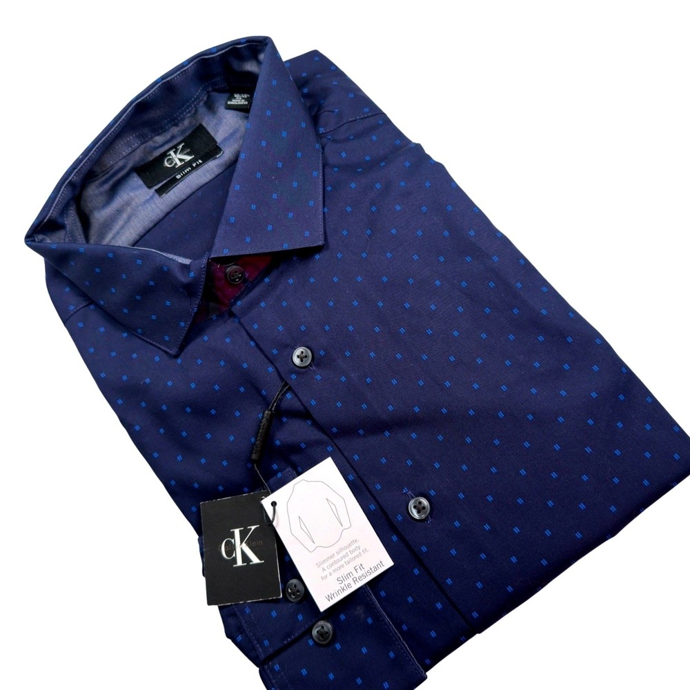 Calvin Klein Dress Shirt Navy Blue Geometric Cotton Blend Slim Fit XL 17 32/33
